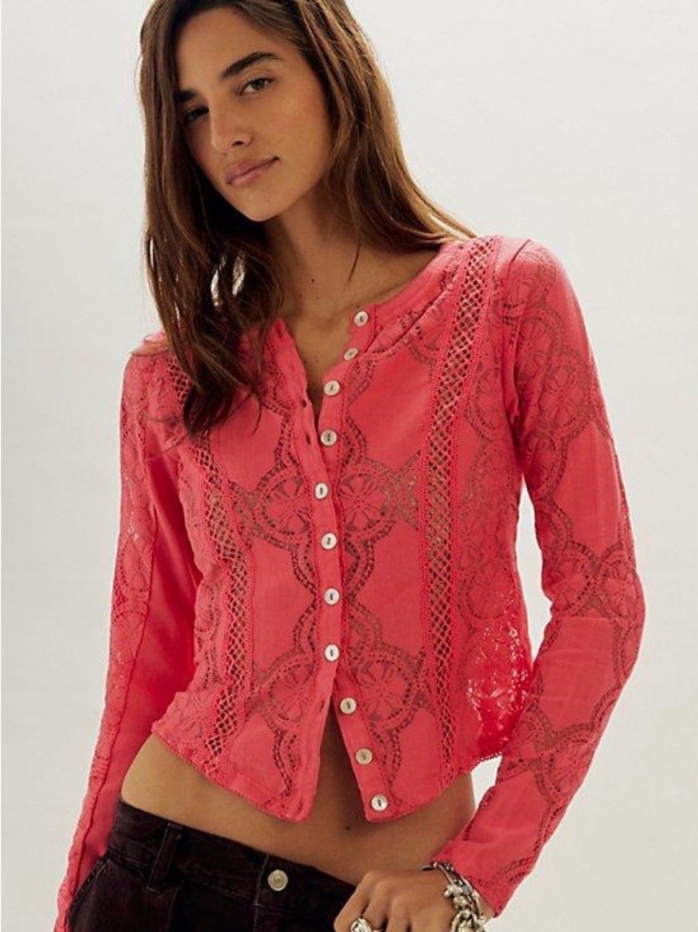 NWT Free People Jae Lace Crochet Button-Down Cardigan Shirt ~ Gem Pink